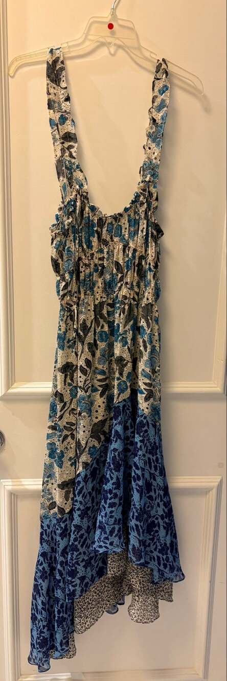 MISA Los Angeles Jaipur Floral Patchwork Maxi Dress Asymmetric Ruffle Smocked